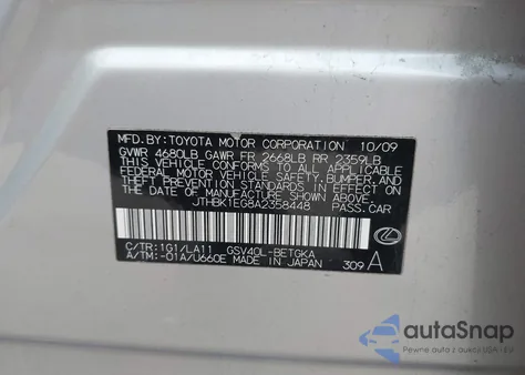 2010 Lexus Es 350 z USA, uszkodzony, nr VIN JTHBK1EG8A2358448